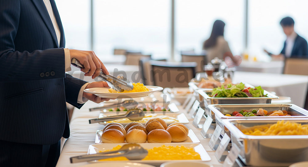 フリー素材 無料 写真｜ホテル朝食ビュッフェで皿に料理を取る日本人ビジネスパーソン 写真背景