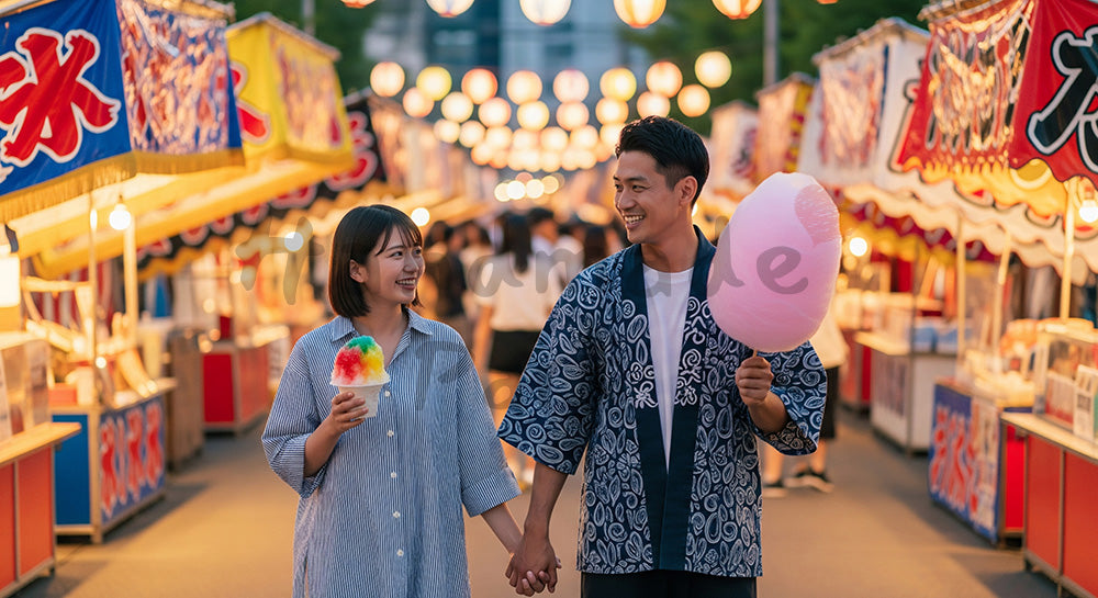 フリー素材 無料 写真｜夏祭りの屋台通りでかき氷や綿菓子を楽しむ日本人カップル 余白あり