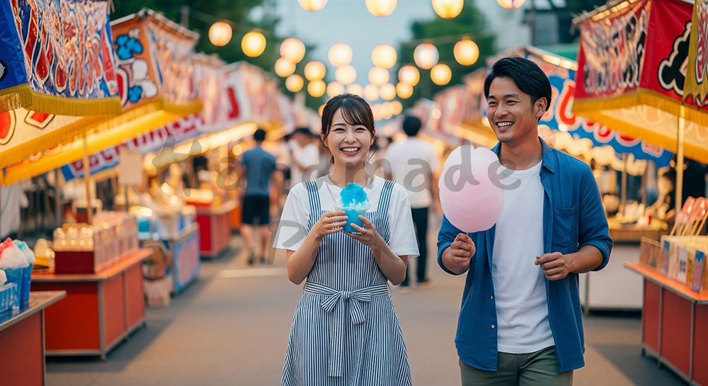 フリー素材 無料 写真｜夏祭りの屋台通りでかき氷や綿菓子を楽しむ日本人カップル 写真背景