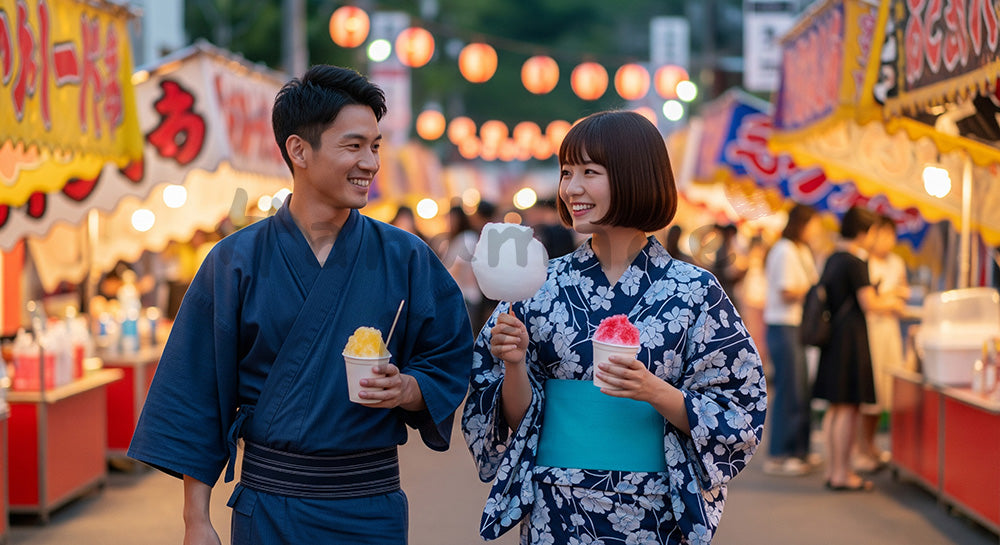 フリー素材 無料 写真｜夏祭りの屋台通りでかき氷や綿菓子を楽しむ日本人カップル 背景素材