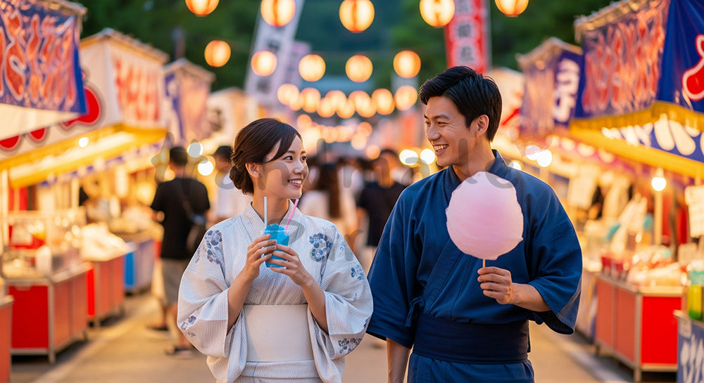 フリー素材 無料 写真｜夏祭りの屋台通りでかき氷や綿菓子を楽しむ日本人カップル