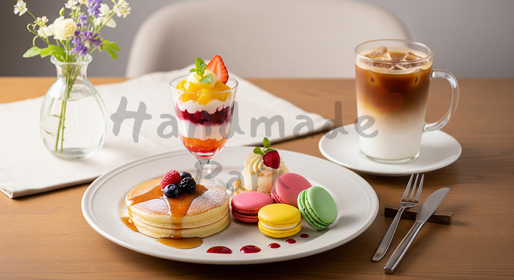 フリー素材 無料 写真｜木目テーブルに並ぶカフェスイーツとアイスカフェラテの俯瞰イメージ 余白あり