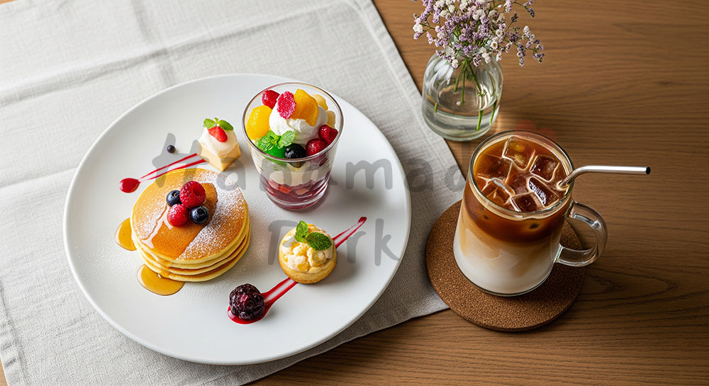 フリー素材 無料 写真｜木目テーブルに並ぶカフェスイーツとアイスカフェラテの俯瞰イメージ 背景素材