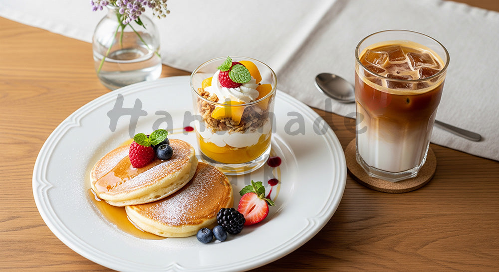 フリー素材 無料 写真｜木目テーブルに並ぶカフェスイーツとアイスカフェラテの俯瞰イメージ