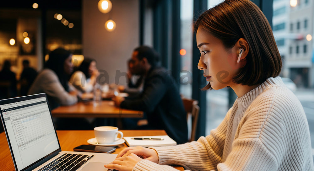 フリー素材 無料 写真｜カフェの窓際でノートPCとスマホを使いリモートワークをする20代日本人女性