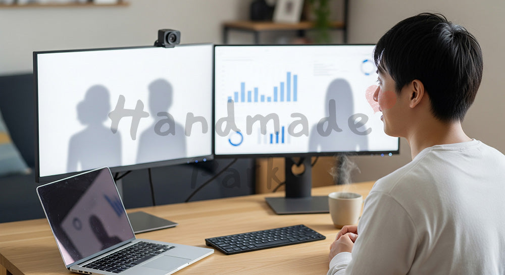 フリー素材 無料 写真｜自宅ワークスペースでデュアルモニターを使いオンライン会議に参加する日本人男性