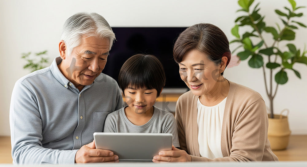 フリー素材 無料 写真｜タブレット端末を囲んで家族写真を見る日本人祖父母と孫のリビングシーン 写真背景