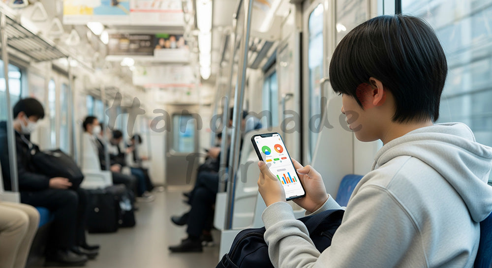 フリー素材 無料 写真｜通勤電車の中でスマホ学習アプリを使う日本人学生のモバイルラーニングシーン 余白あり