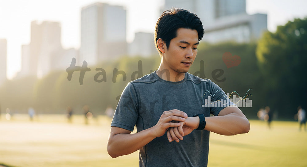 フリー素材 無料 写真｜スマートウォッチで心拍を確認しながら朝ランニングをする日本人男性 写真背景