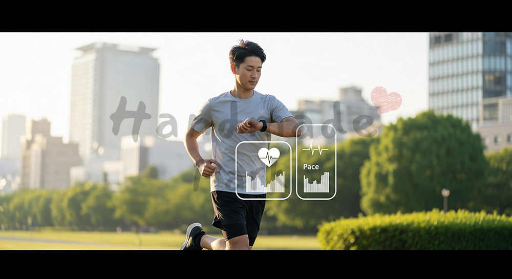 フリー素材 無料 写真｜スマートウォッチで心拍を確認しながら朝ランニングをする日本人男性