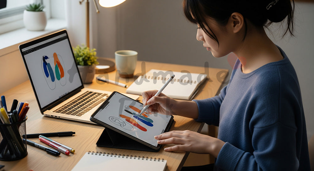 フリー素材 無料 写真｜ペンタブレットでイラスト制作を行う日本人女性クリエイターの自宅デスクシーン 背景素材