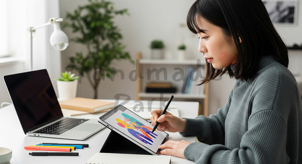フリー素材 無料 写真｜ペンタブレットでイラスト制作を行う日本人女性クリエイターの自宅デスクシーン