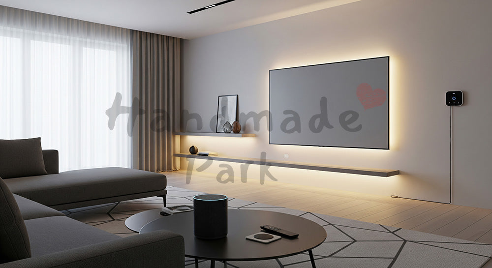 フリー素材 無料 写真｜スマートスピーカーとIoT家電が配置された現代的なリビングインテリア 余白あり