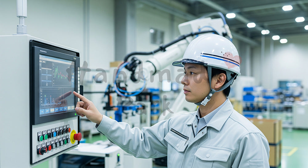 フリー素材 無料 写真｜産業用ロボットアームの操作パネルを確認する日本人エンジニアの工場シーン 余白あり