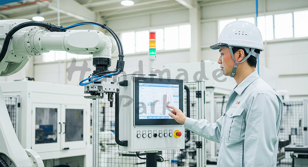 フリー素材 無料 写真｜産業用ロボットアームの操作パネルを確認する日本人エンジニアの工場シーン 写真背景