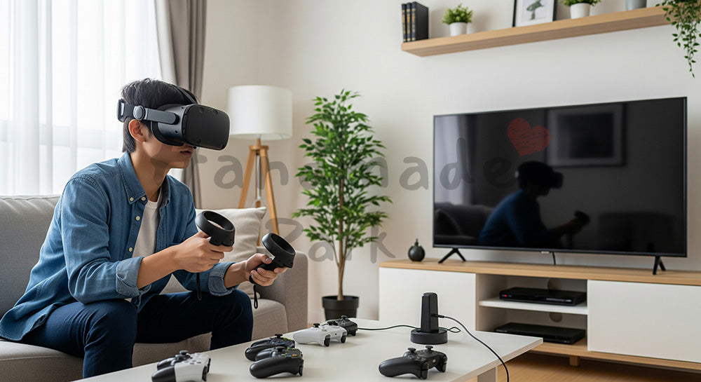 フリー素材 無料 写真｜自宅リビングでVRヘッドセットを使いゲームを楽しむ日本人ティーン 背景素材