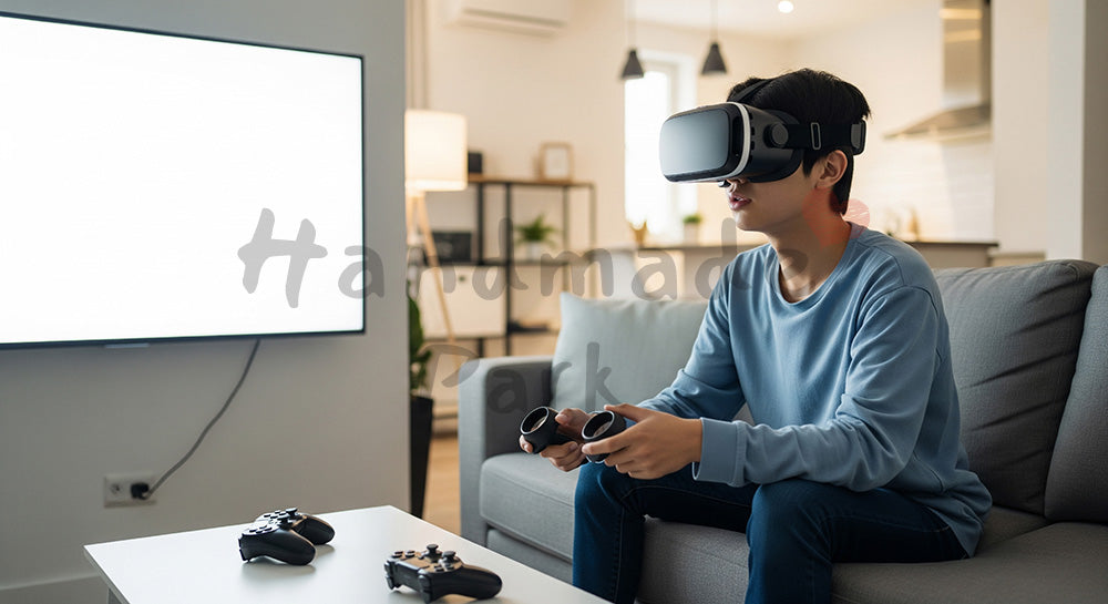 フリー素材 無料 写真｜自宅リビングでVRヘッドセットを使いゲームを楽しむ日本人ティーン