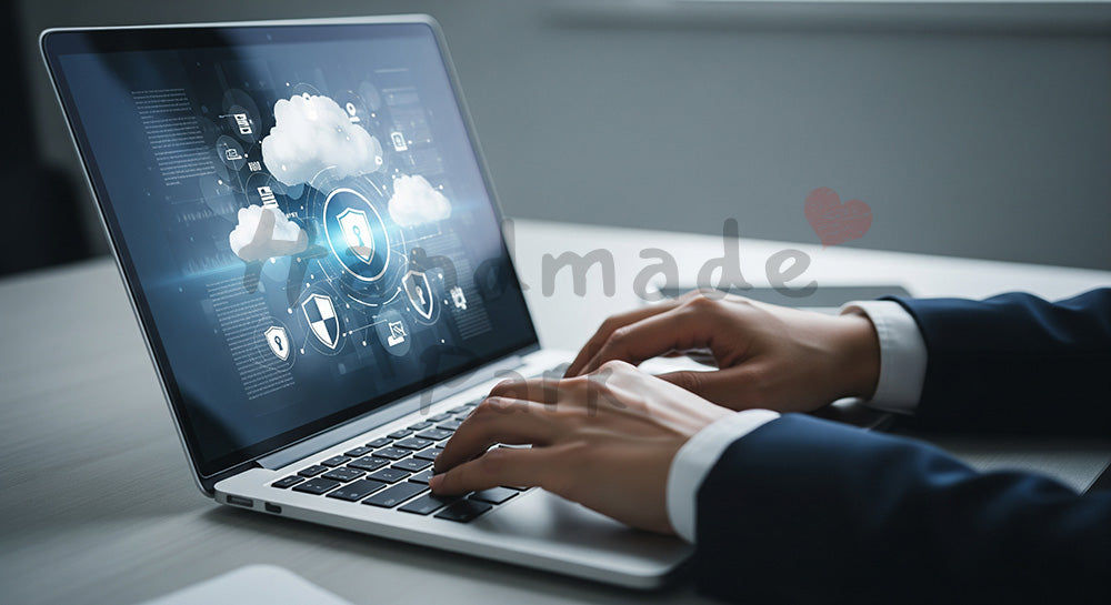 フリー素材 無料 写真｜クラウドとセキュリティをイメージしたノートPC作業中の日本人ビジネスパーソン手元コンセプト