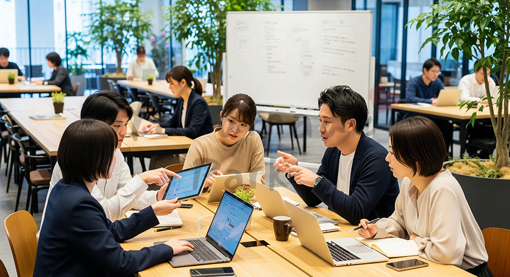 フリー素材 無料 写真｜コワーキングスペースでノートPCを使い打ち合わせをする日本人若手ビジネスパーソン（表現3）