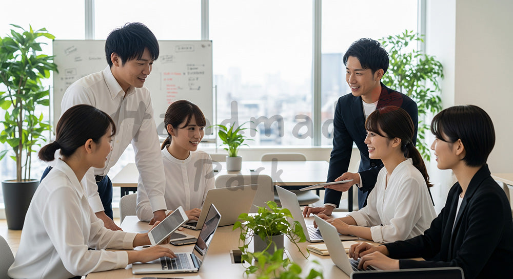 フリー素材 無料 写真｜コワーキングスペースでノートPCを使い打ち合わせをする日本人若手ビジネスパーソン（表現2）