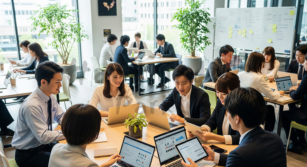 フリー素材 無料 写真｜コワーキングスペースでノートPCを使い打ち合わせをする日本人若手ビジネスパーソン（表現1）