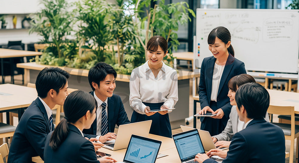 フリー素材 無料 写真｜コワーキングスペースでノートPCを使い打ち合わせをする日本人若手ビジネスパーソン コピースペースあり
