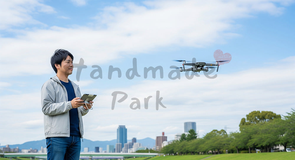 フリー素材 無料 写真｜タブレット型コントローラーで小型ドローンを操作する日本人男性の屋外シーン（表現3）
