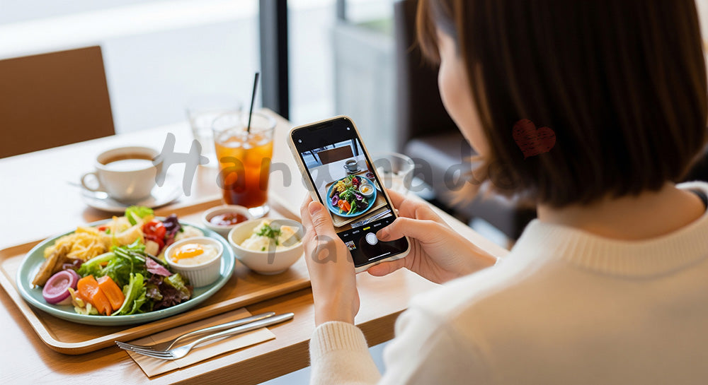 フリー素材 無料 写真｜カフェでスマートフォンを使いランチプレートを撮影する日本人女性のSNS投稿シーン（表現3）