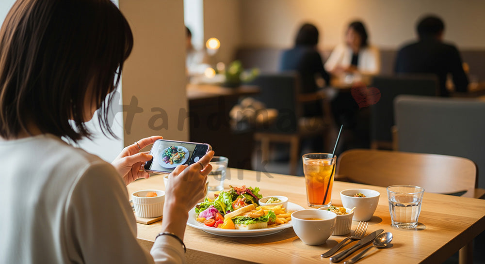 フリー素材 無料 写真｜カフェでスマートフォンを使いランチプレートを撮影する日本人女性のSNS投稿シーン（表現2）