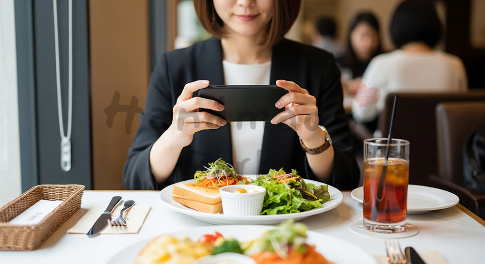 フリー素材 無料 写真｜カフェでスマートフォンを使いランチプレートを撮影する日本人女性のSNS投稿シーン（表現1）