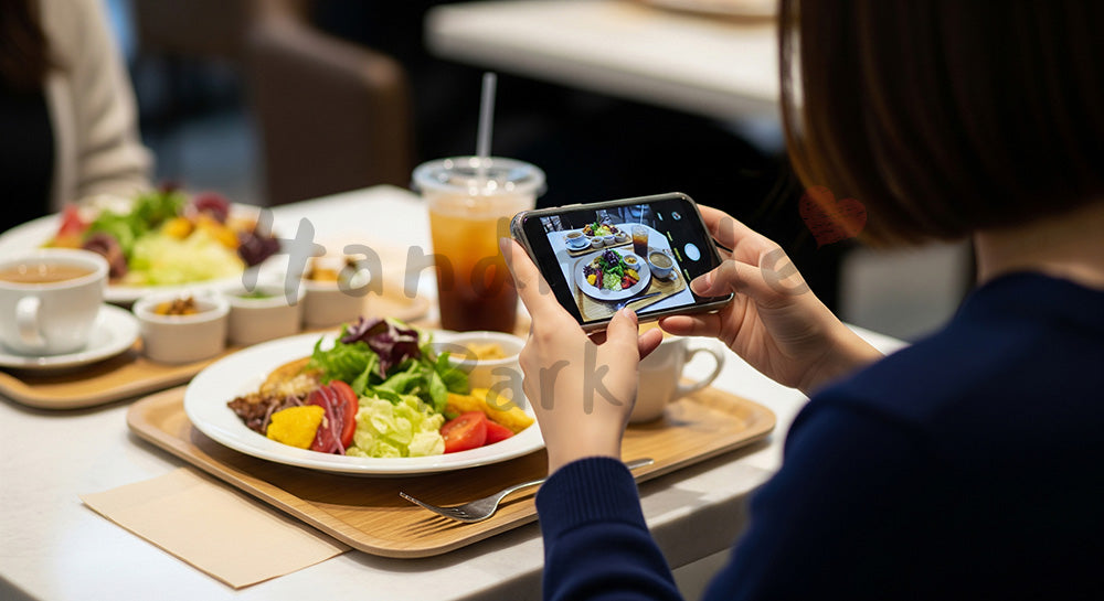 フリー素材 無料 写真｜カフェでスマートフォンを使いランチプレートを撮影する日本人女性のSNS投稿シーン コピースペースあり