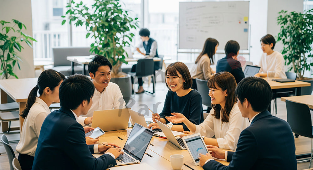 フリー素材 無料 写真｜コワーキングスペースでノートPCを使い打ち合わせをする日本人若手ビジネスパーソン