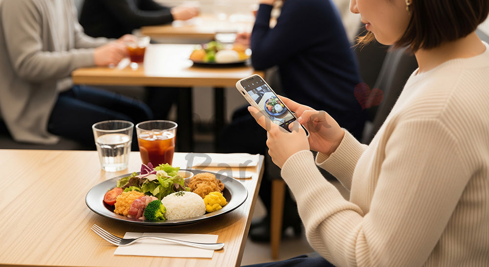 フリー素材 無料 写真｜カフェでスマートフォンを使いランチプレートを撮影する日本人女性のSNS投稿シーン 余白あり