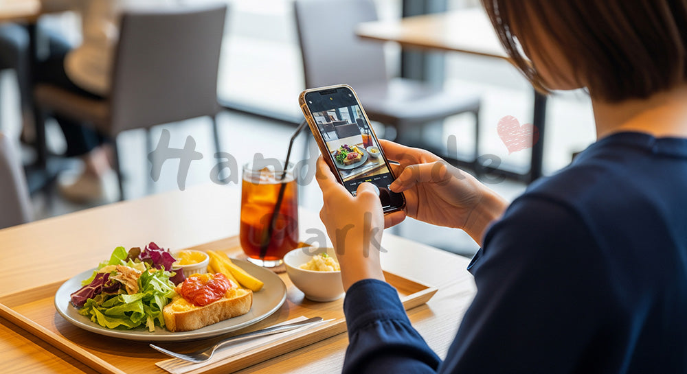フリー素材 無料 写真｜カフェでスマートフォンを使いランチプレートを撮影する日本人女性のSNS投稿シーン 写真背景