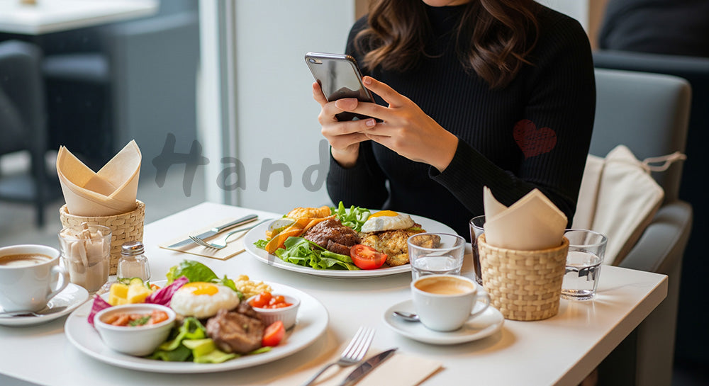 フリー素材 無料 写真｜カフェでスマートフォンを使いランチプレートを撮影する日本人女性のSNS投稿シーン