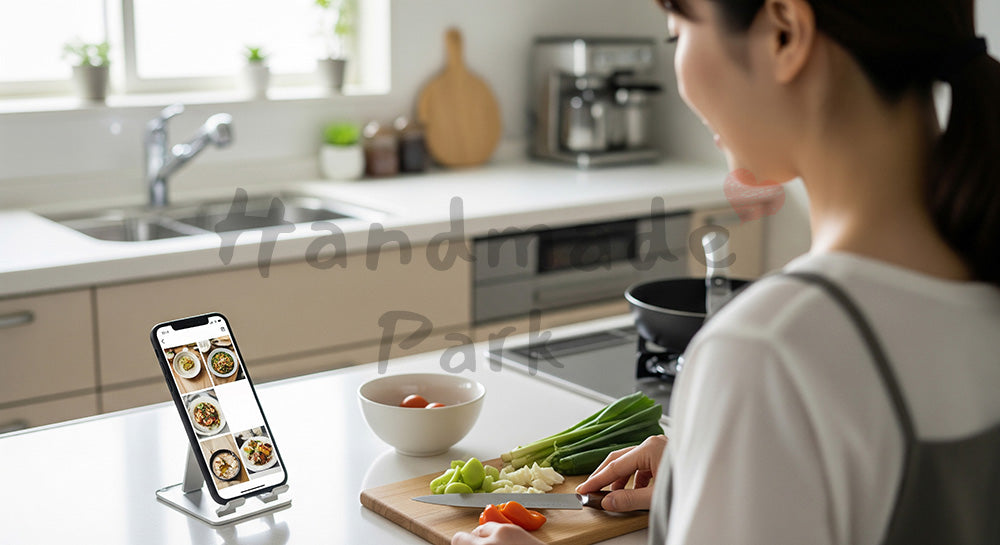フリー素材 無料 写真｜スマホでレシピを見ながら料理をする日本人女性のキッチンシーン 写真背景