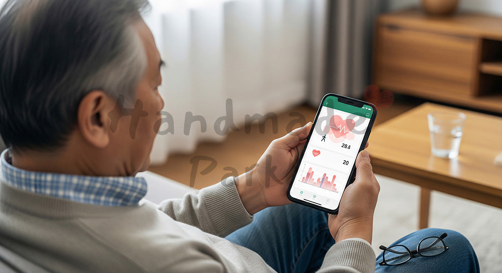 フリー素材 無料 写真｜健康管理アプリ風の画面をスマホで確認する日本人シニア男性