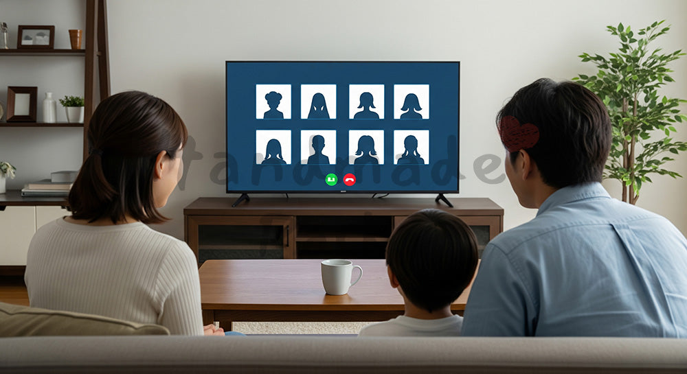 フリー素材 無料 写真｜大型テレビでビデオ通話を楽しむ日本人家族のリビングシーン 余白あり