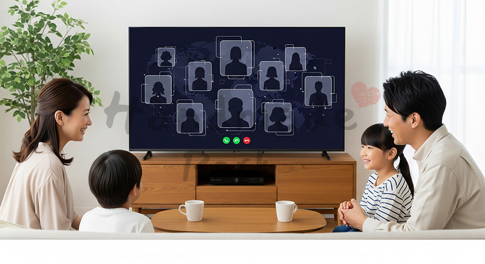 フリー素材 無料 写真｜大型テレビでビデオ通話を楽しむ日本人家族のリビングシーン 写真背景