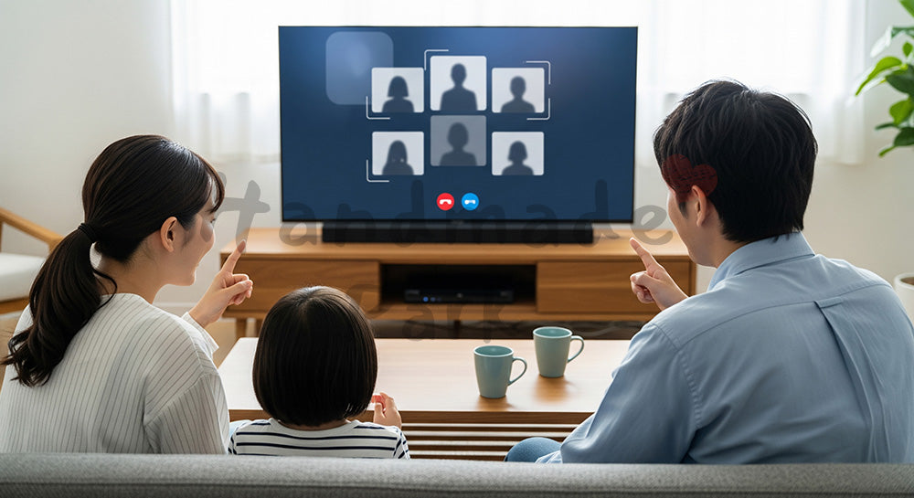 フリー素材 無料 写真｜大型テレビでビデオ通話を楽しむ日本人家族のリビングシーン 背景素材