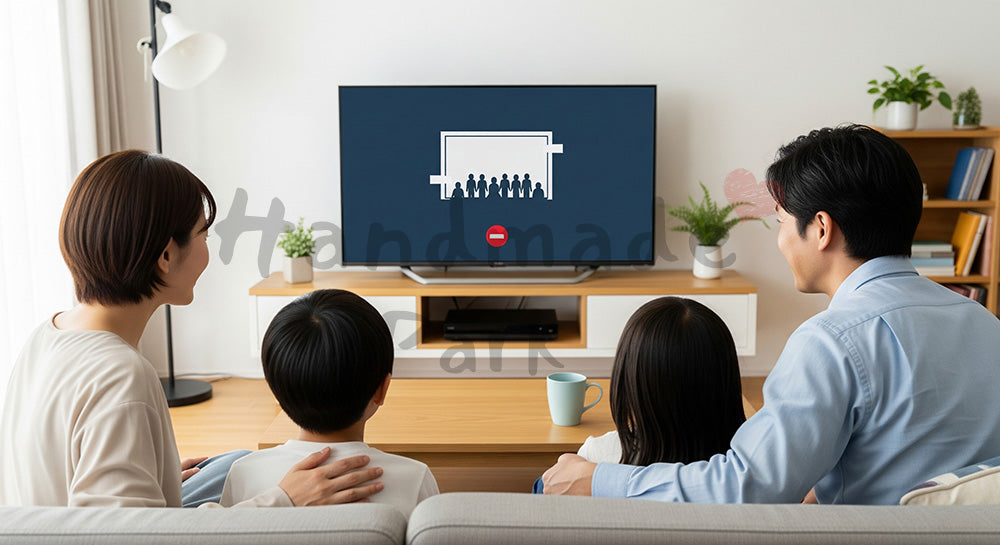 フリー素材 無料 写真｜大型テレビでビデオ通話を楽しむ日本人家族のリビングシーン