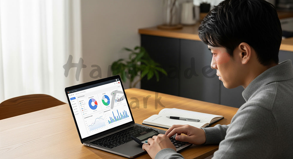 フリー素材 無料 写真|家計・投資管理ダッシュボード風画面を見ながら電卓を叩く日本人男性 余白あり