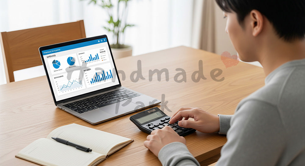 フリー素材 無料 写真|家計・投資管理ダッシュボード風画面を見ながら電卓を叩く日本人男性 写真背景