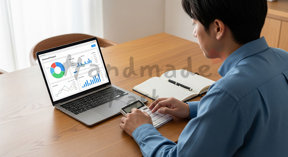 フリー素材 無料 写真|家計・投資管理ダッシュボード風画面を見ながら電卓を叩く日本人男性 背景素材