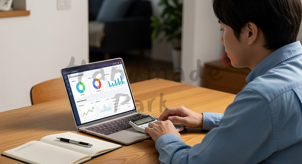 フリー素材 無料 写真|家計・投資管理ダッシュボード風画面を見ながら電卓を叩く日本人男性