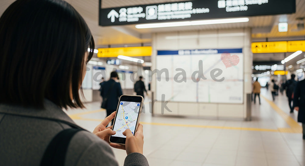 フリー素材 無料 写真｜駅構内でスマホの地図アプリ風画面を確認する日本人女性の後ろ姿 背景素材