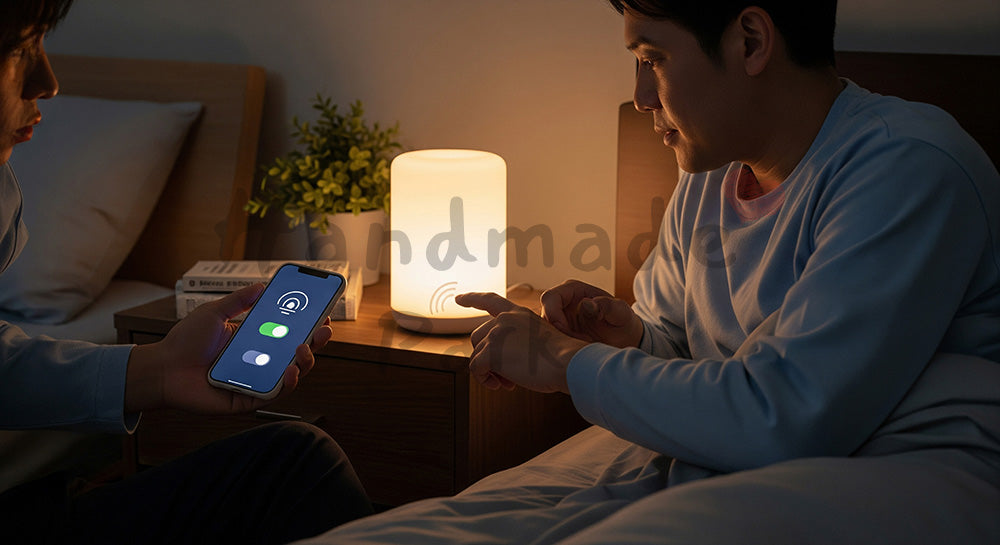 フリー素材 無料 写真｜スマホでアラームとスマート照明を設定する日本人男性の就寝前シーン 背景素材