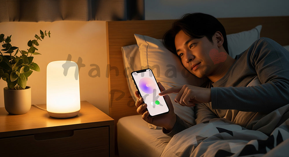 フリー素材 無料 写真｜スマホでアラームとスマート照明を設定する日本人男性の就寝前シーン