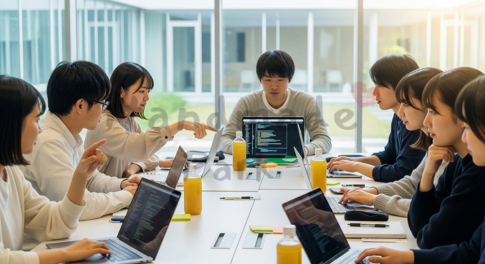 フリー素材 無料 写真｜ノートPCを並べてハッカソン風のグループ開発を行う日本人学生たち