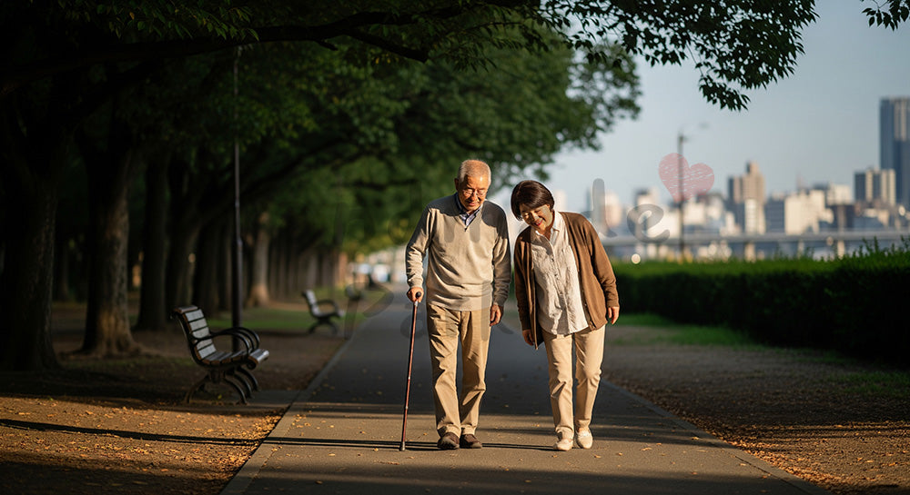 フリー素材 無料 写真｜夕方の公園を杖を持ってゆっくり散歩する日本人シニア夫婦 写真背景